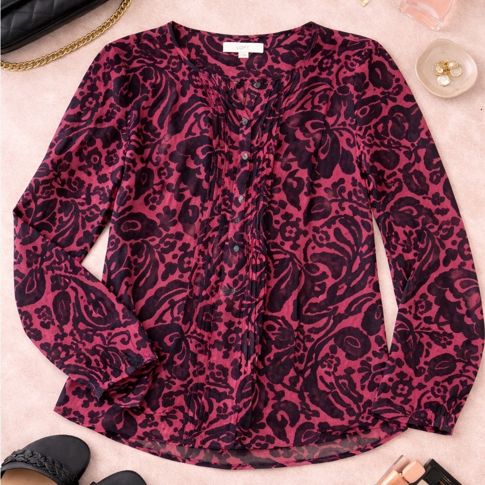 LOFT Red & Black Floral Long Sleeve Blouse | Size S